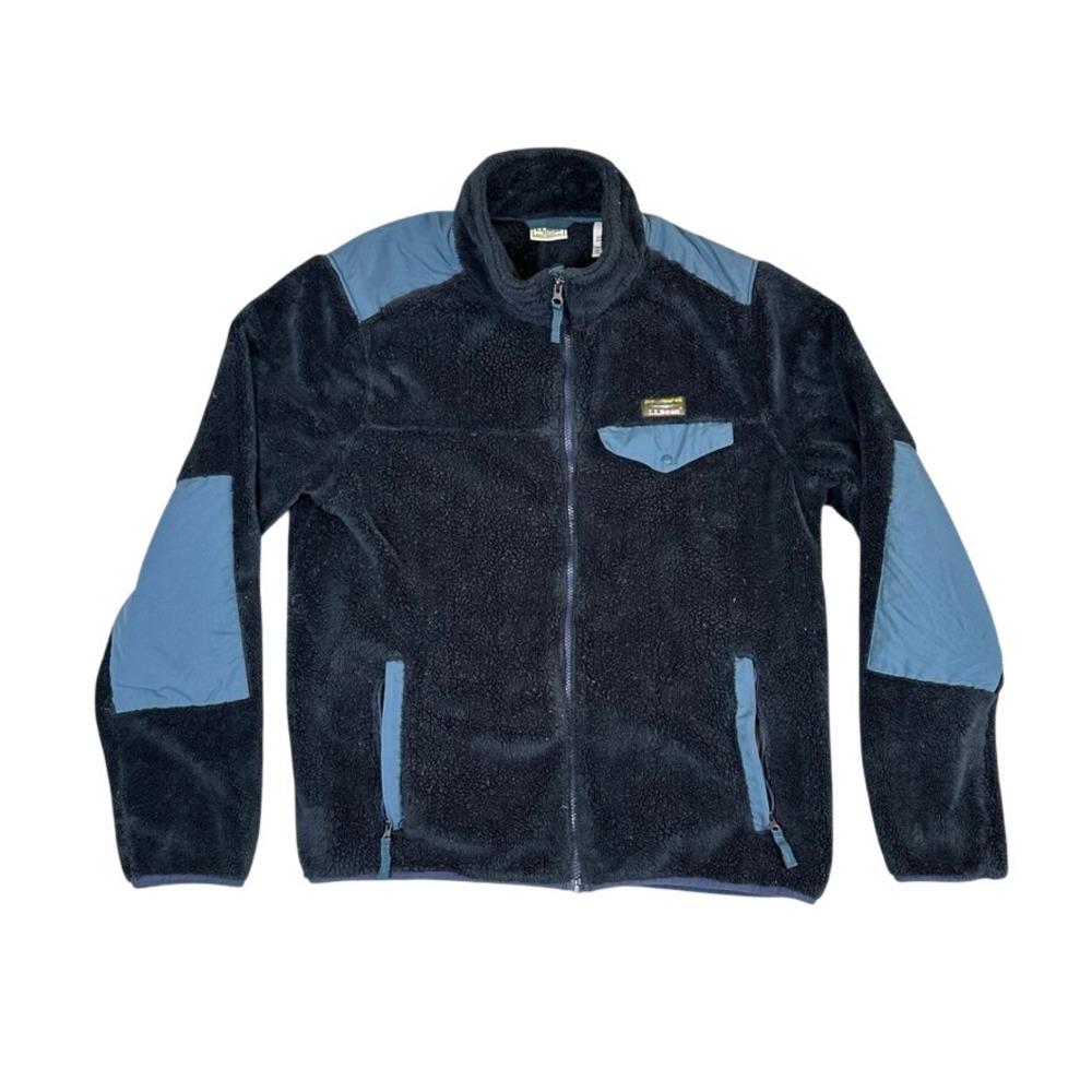 LL Bean Mens Sherpa Fleece Jacket Large Navy Blue Full Zip Mock Neck 505251
